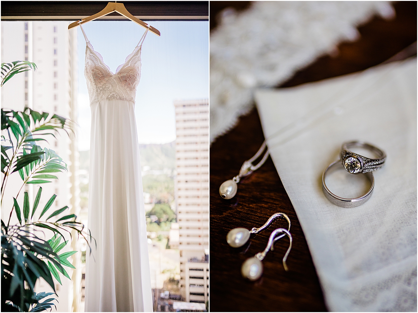 bride's dress hanging and wedding details for oahu elopement