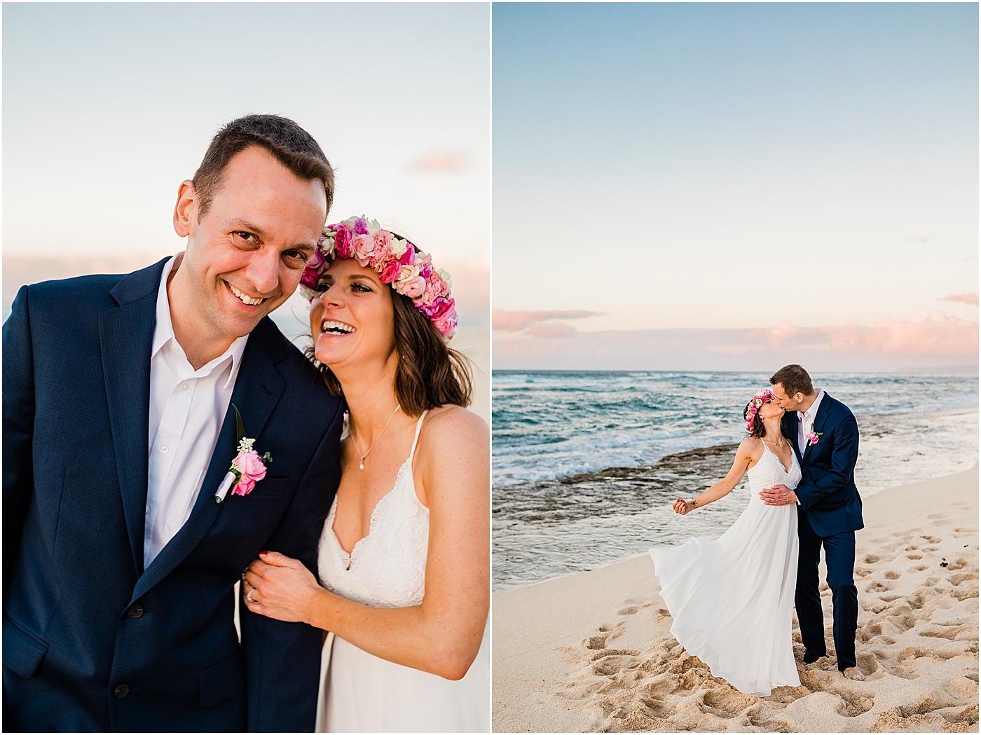 bride and groom at the beach during oahu elopement