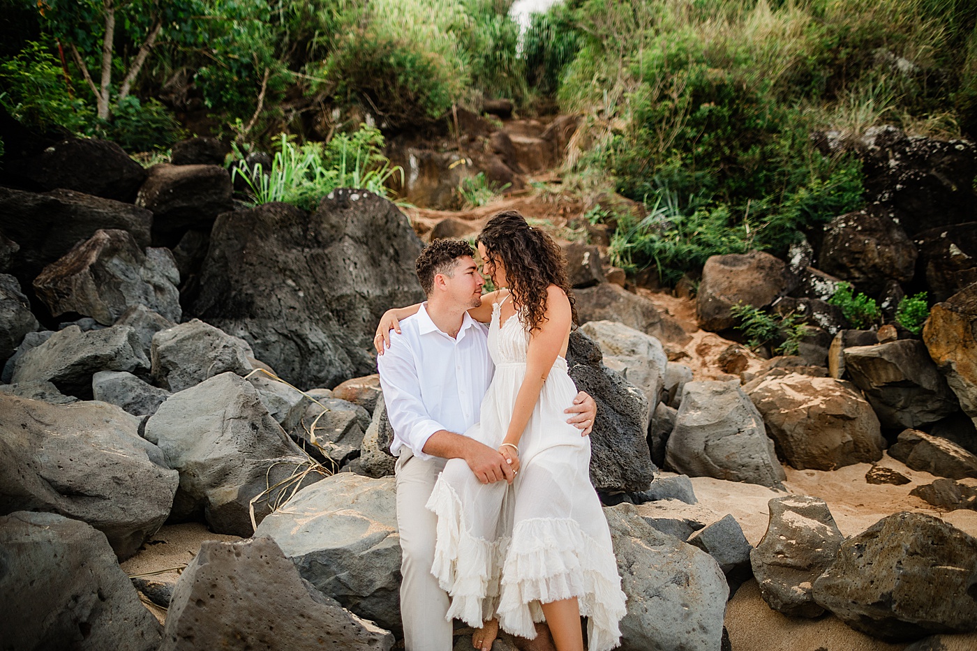 Haleiwa elopement bride and groom at Waimea Bay
