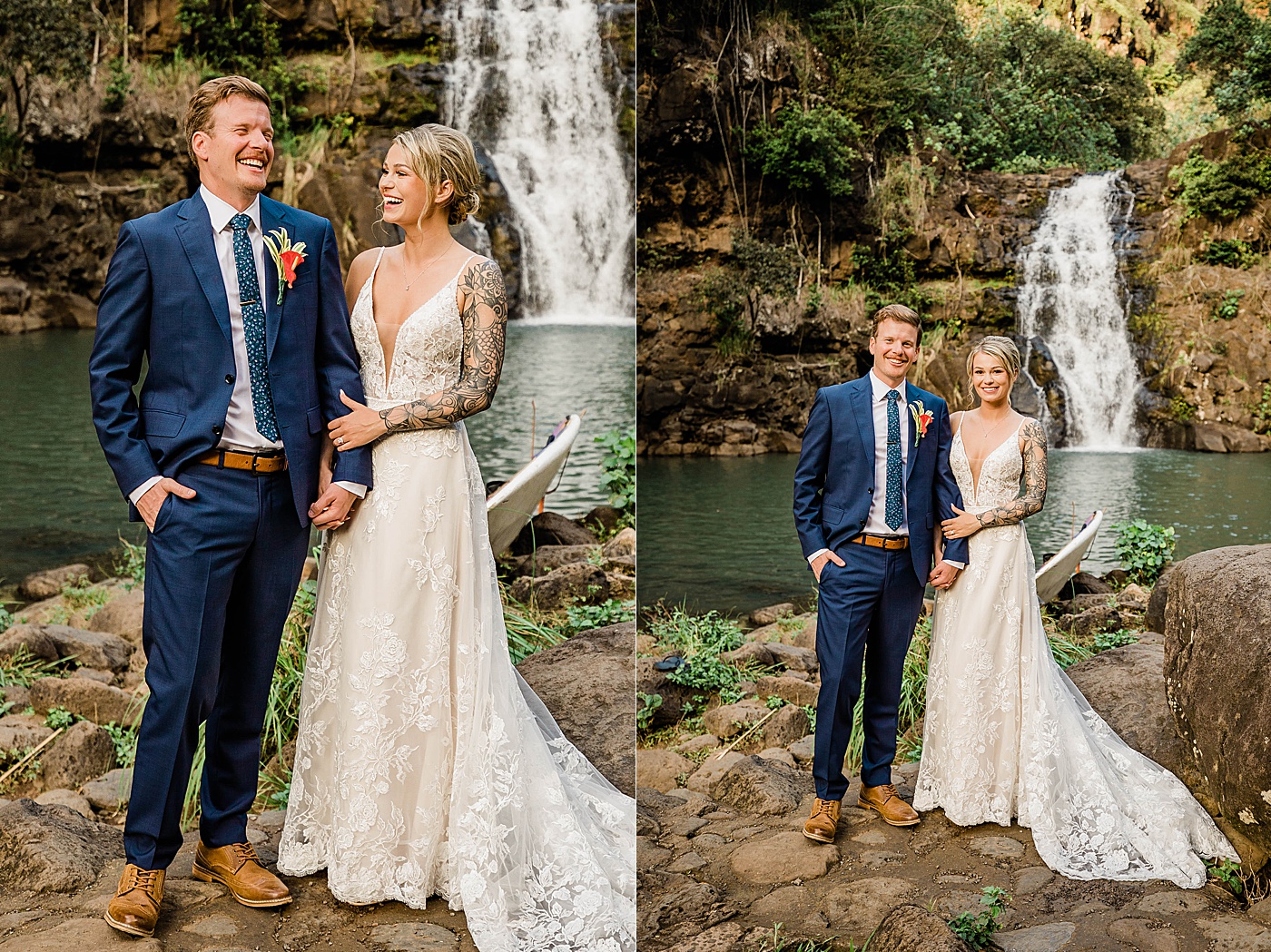 Waimea Valley wedding. Bride and groom holding hands and laughing in front of waterfall.