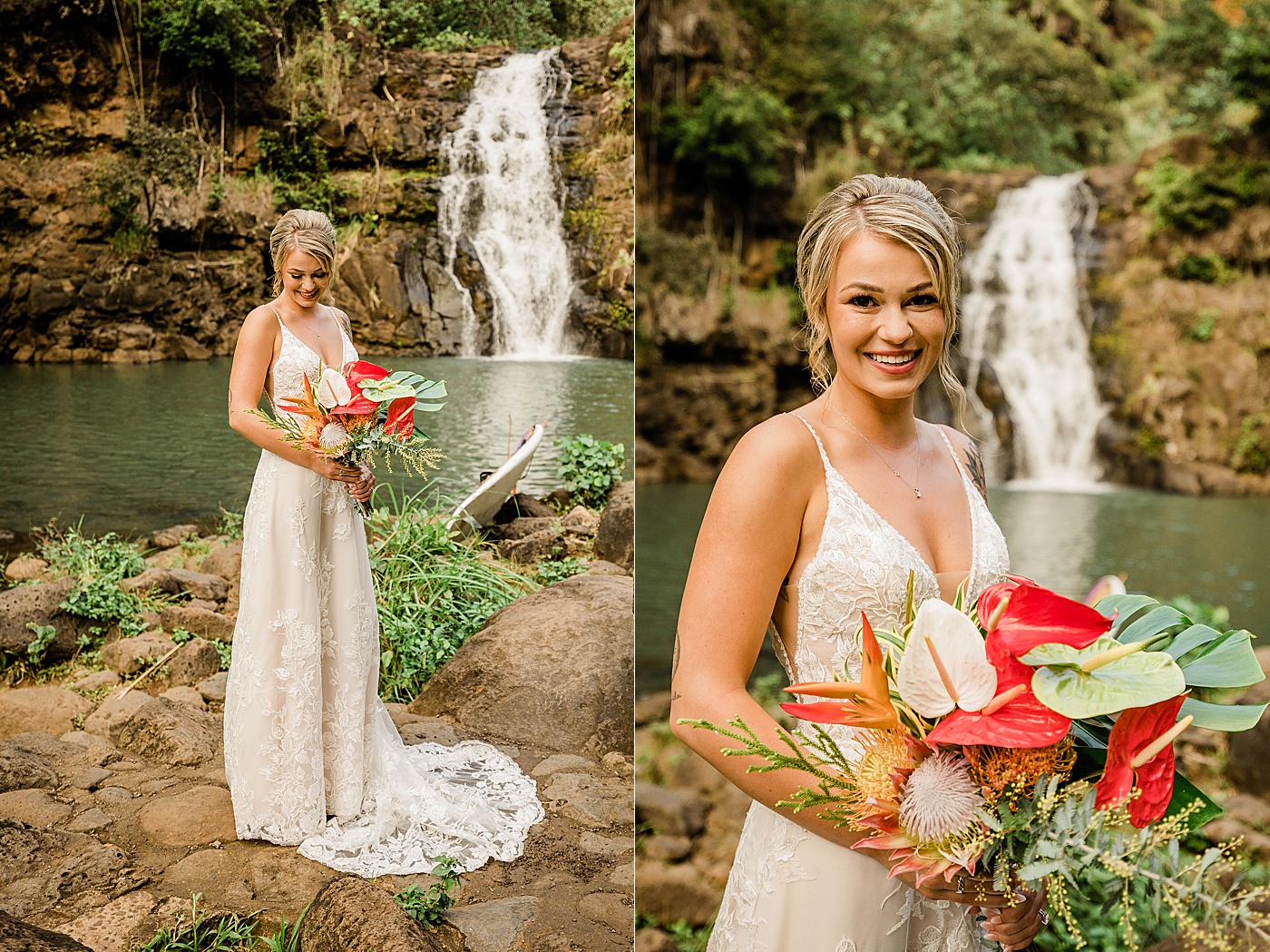 Waimea valley wedding. Bride smiling holding tropical bouquet in front of waterfall.